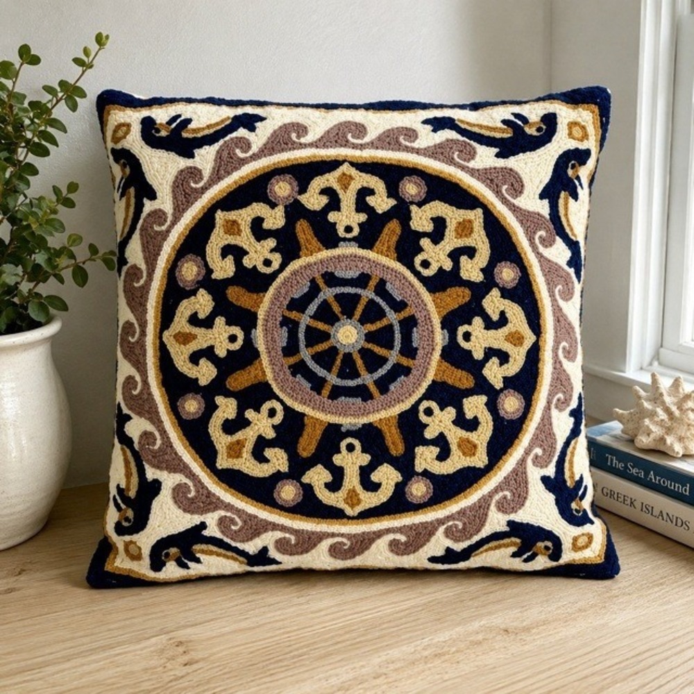 Greek Embroidered Nautical Throw Pillow 15x15 Dolphins‎ Anchors Coastal Decor